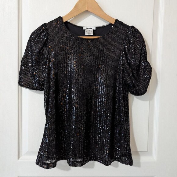 DKNY Women's Puff-Sleeve 🖤✨Black Sequin-Embellished T-Shirt - Picture 2 of 6